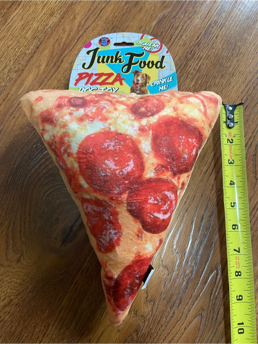 Junk Food Clothing Pepperoni Pizza Dog Plush - Red, Tan squeaky, crinkle